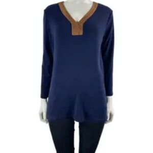 Women's Lauren Ralph Lauren Blue V-Neck Suede Trim Cotton Pullover NWT Large